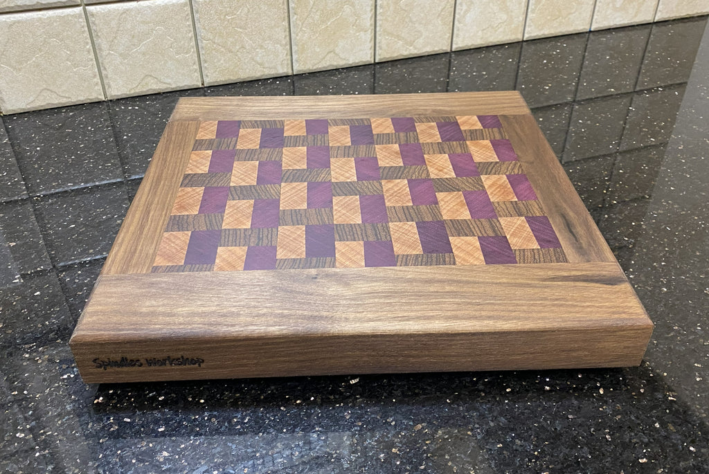 Handmade End-Grain Cutting Board – Purple Heart, Zebra wood, Okoume and Walnut