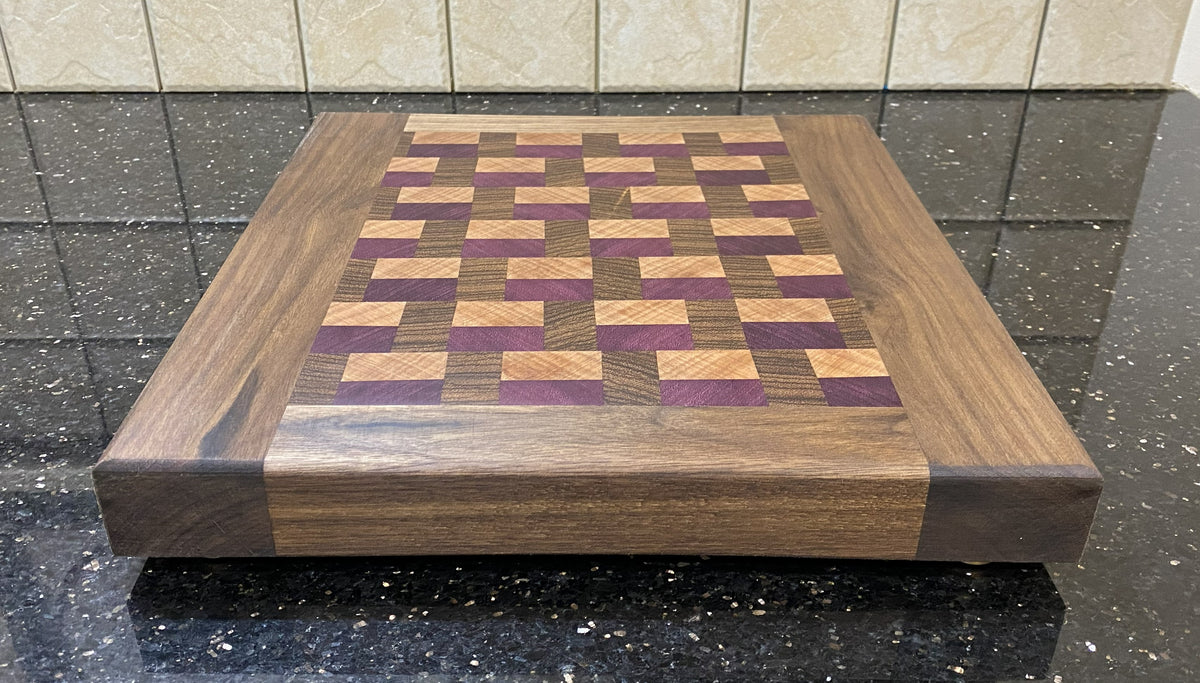 Handmade End-Grain Cutting Board – Purple Heart, Zebra wood, Okoume and Walnut