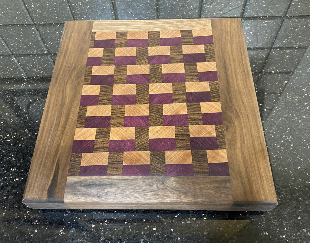Handmade End-Grain Cutting Board – Purple Heart, Zebra wood, Okoume and Walnut