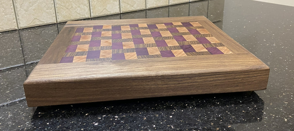 Handmade End-Grain Cutting Board – Purple Heart, Zebra wood, Okoume and Walnut