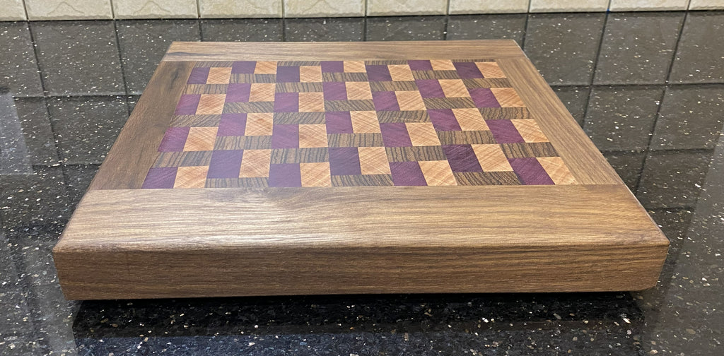Handmade End-Grain Cutting Board – Purple Heart, Zebra wood, Okoume and Walnut