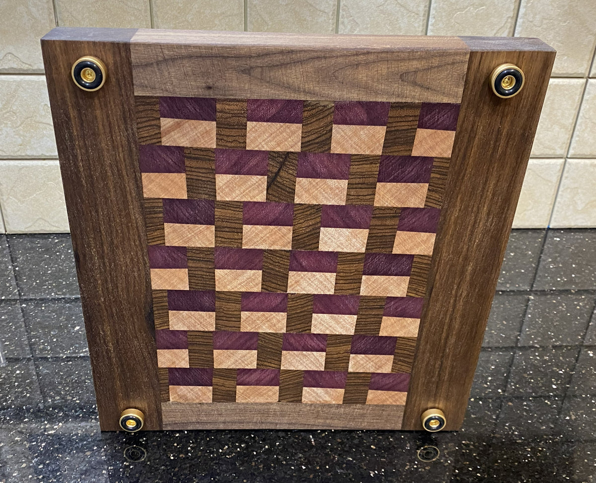Handmade End-Grain Cutting Board – Purple Heart, Zebra wood, Okoume and Walnut