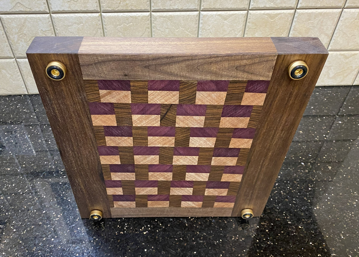 Handmade End-Grain Cutting Board – Purple Heart, Zebra wood, Okoume and Walnut