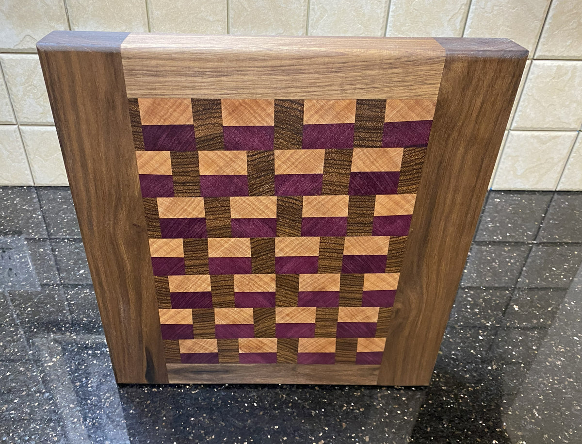 Handmade End-Grain Cutting Board – Purple Heart, Zebra wood, Okoume and Walnut