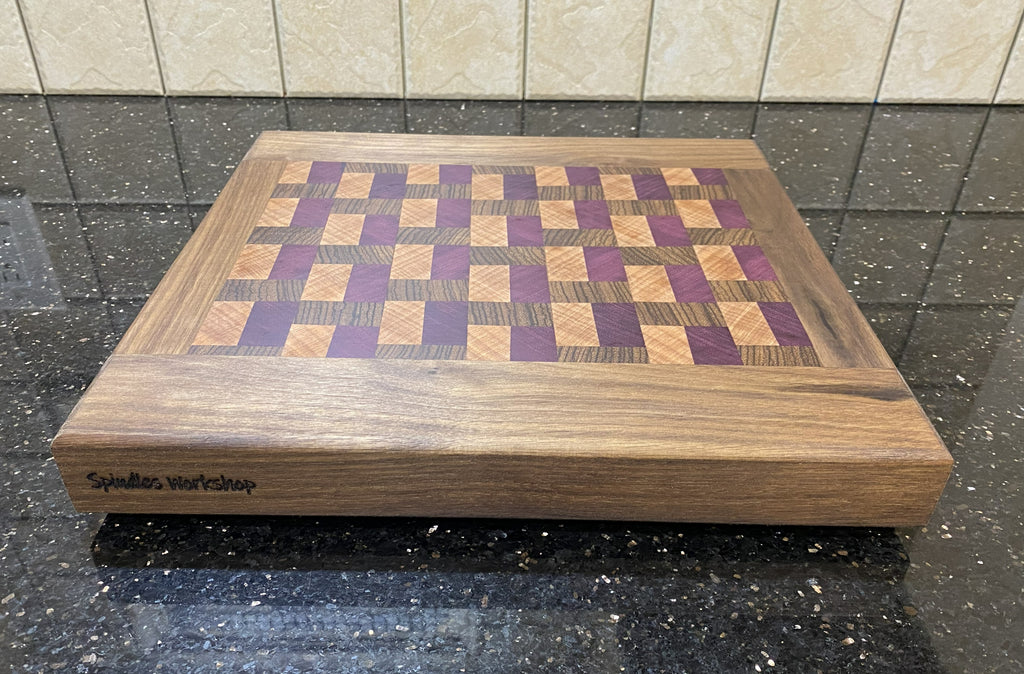 Handmade End-Grain Cutting Board – Purple Heart, Zebra wood, Okoume and Walnut