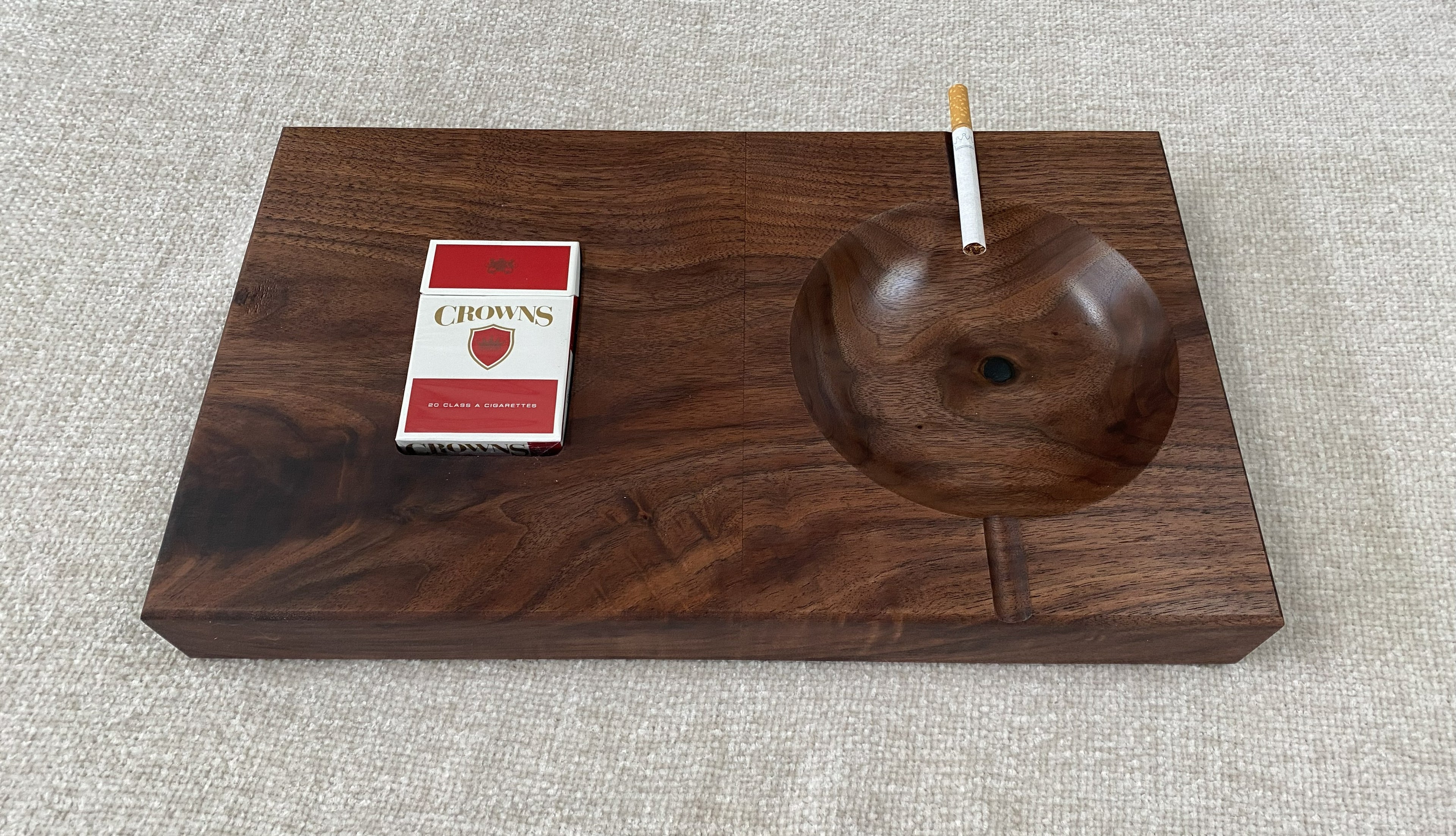 Handcrafted American Walnut Ashtray with Built-In Cigarette Holder