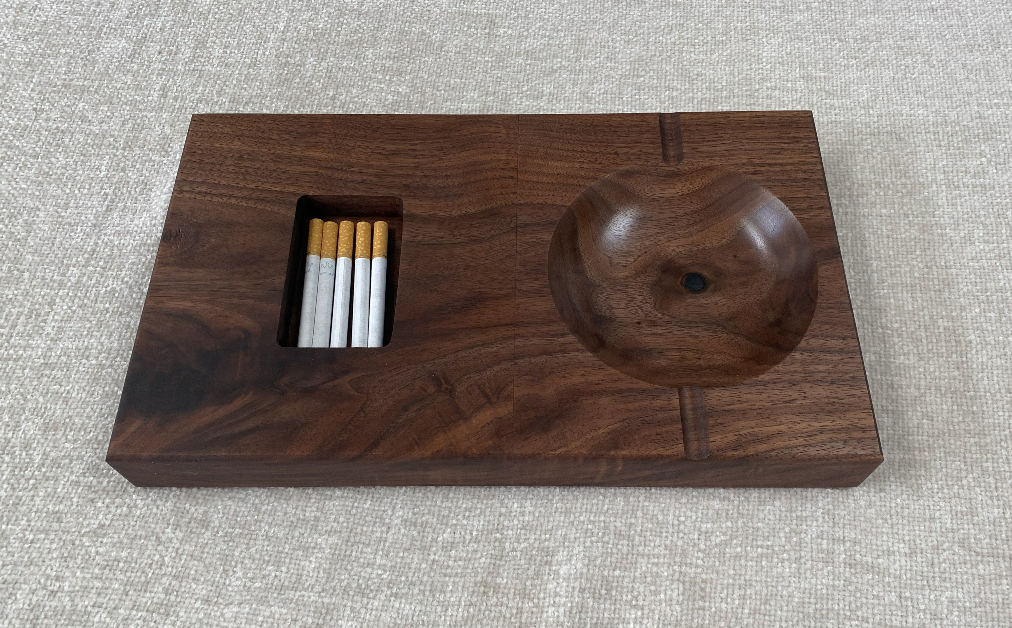 Handcrafted American Walnut Ashtray with Built-In Cigarette Holder
