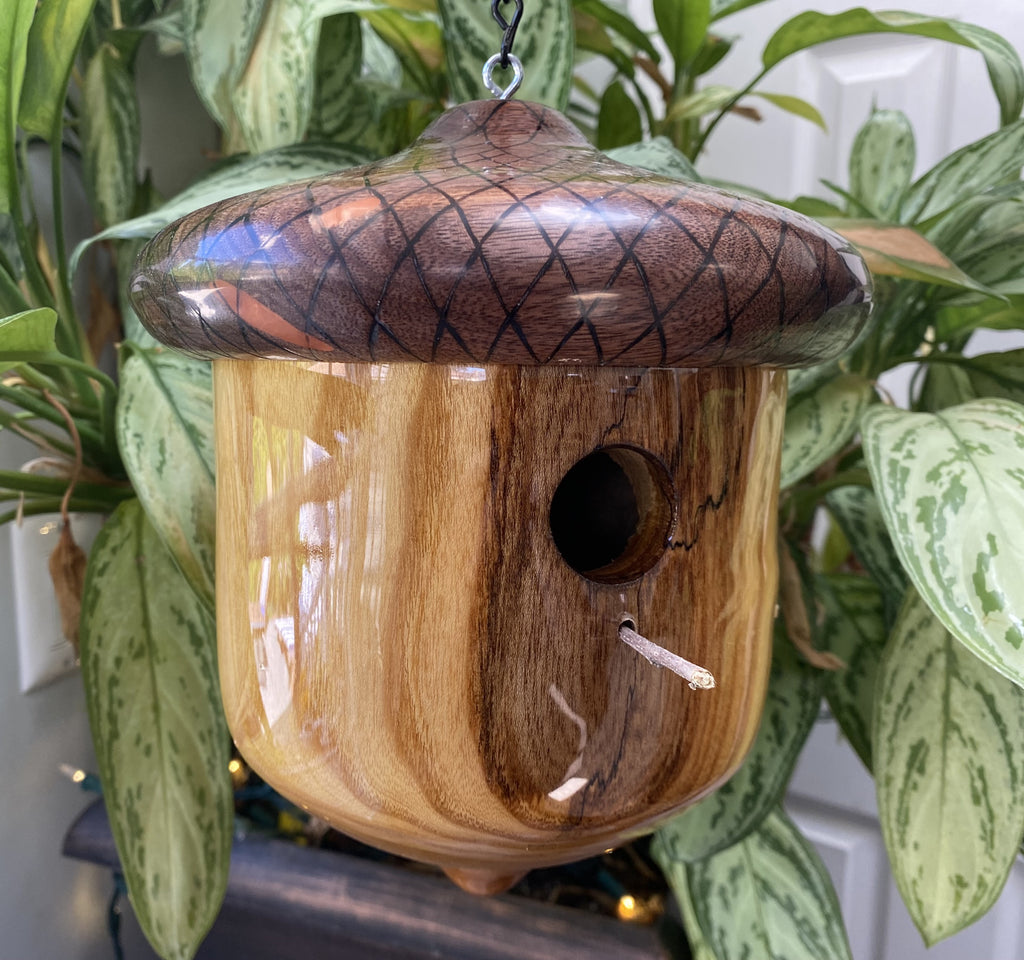 Handmade Acorn Birdhouse – Ash & Walnut with Hand-Burned Design