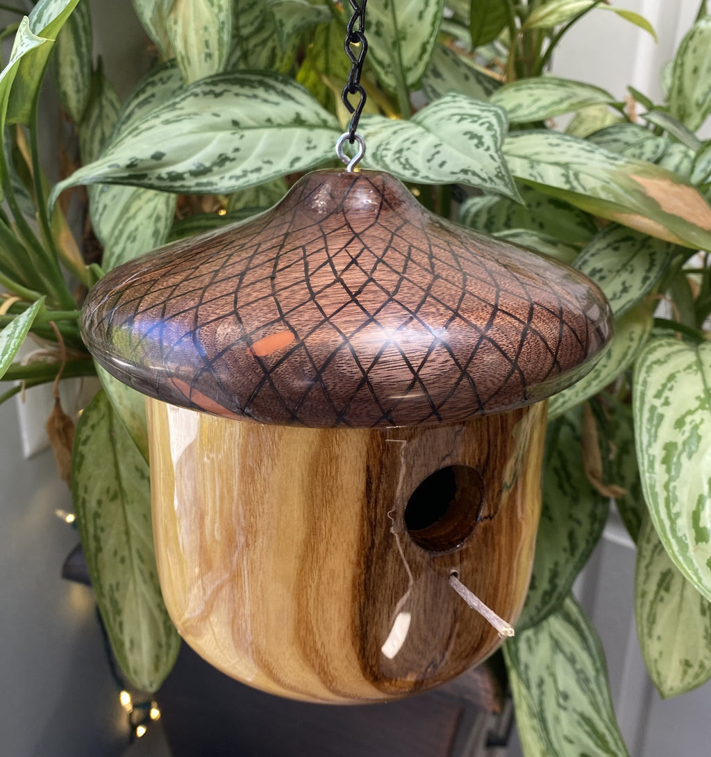 Handmade Acorn Birdhouse – Ash & Walnut with Hand-Burned Design