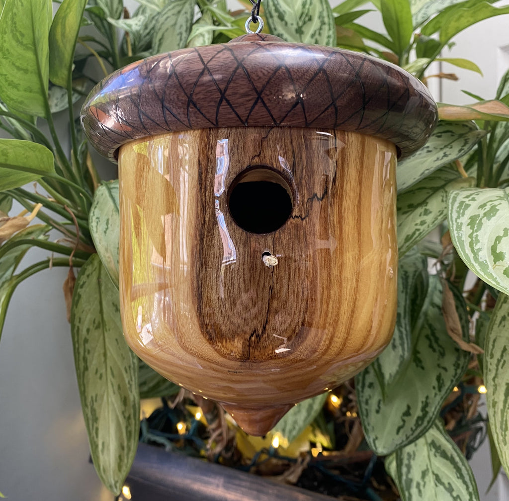 Handmade Acorn Birdhouse – Ash & Walnut with Hand-Burned Design